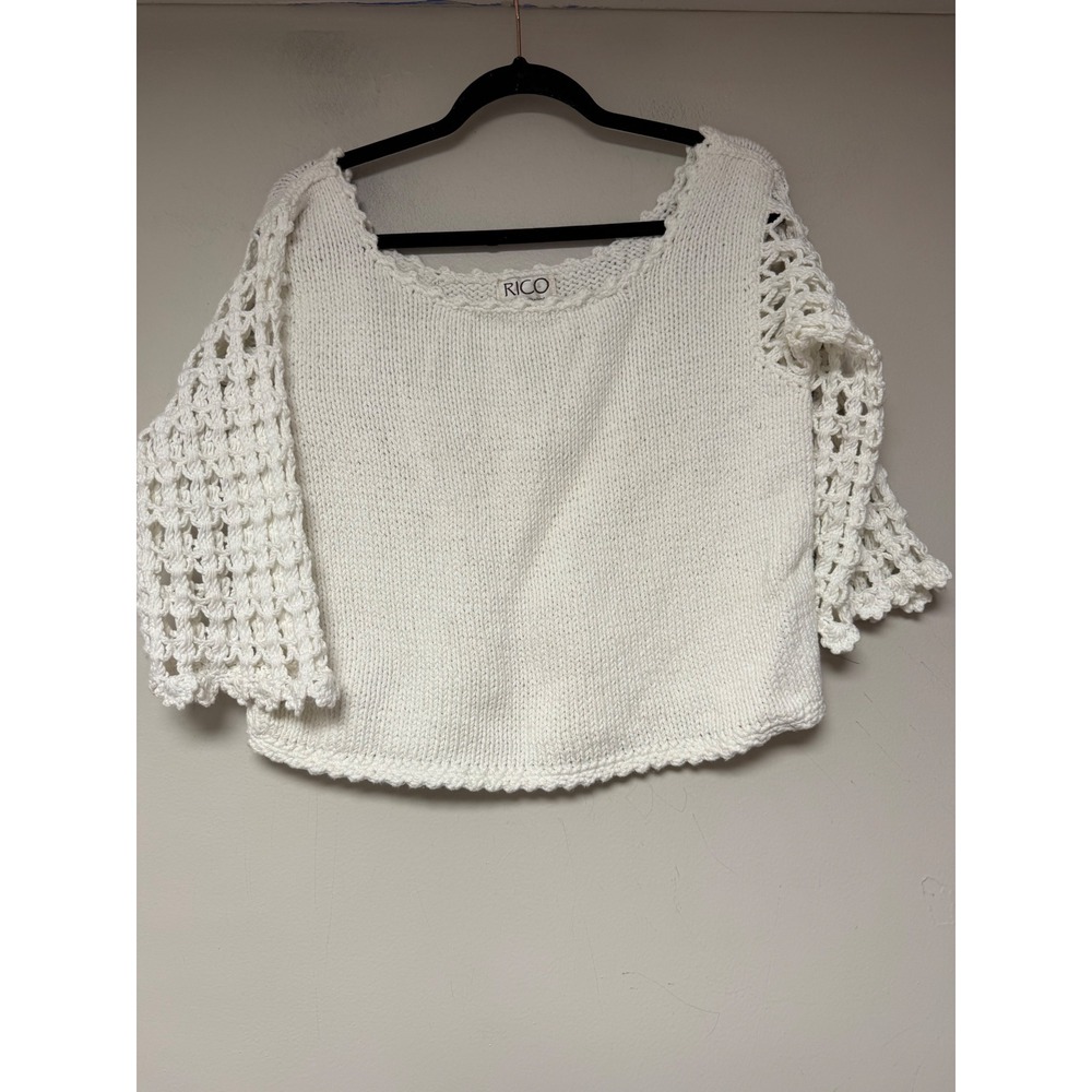 RICO White Crochet‎ Sleeve Knit Sweater Top Boat Neck Bell Sleeve M